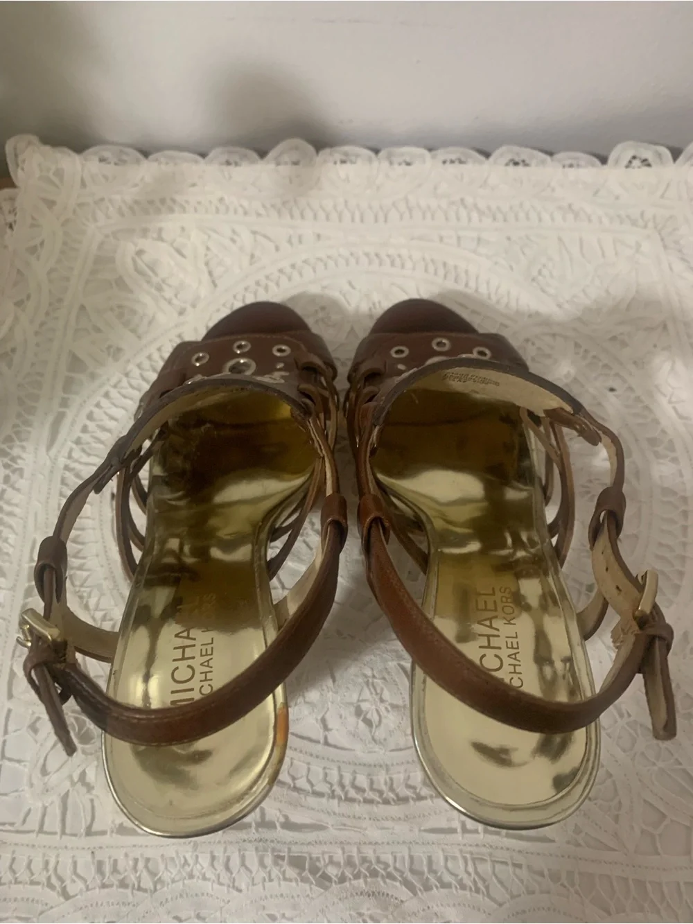 Michael Kors Laci Cork Heel Gold Rivets Ankle Buckle Size 7 1/2 MK Heel Monogram